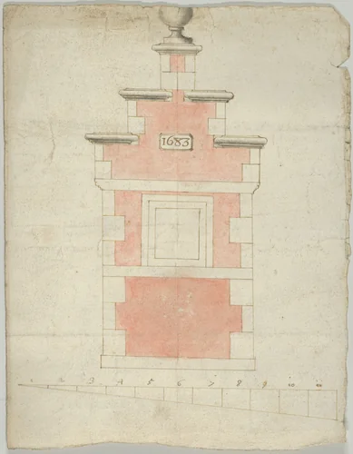 Design for a Small Tower or Stepped Gable, dated 1683 by anonymous, drawing, 1683