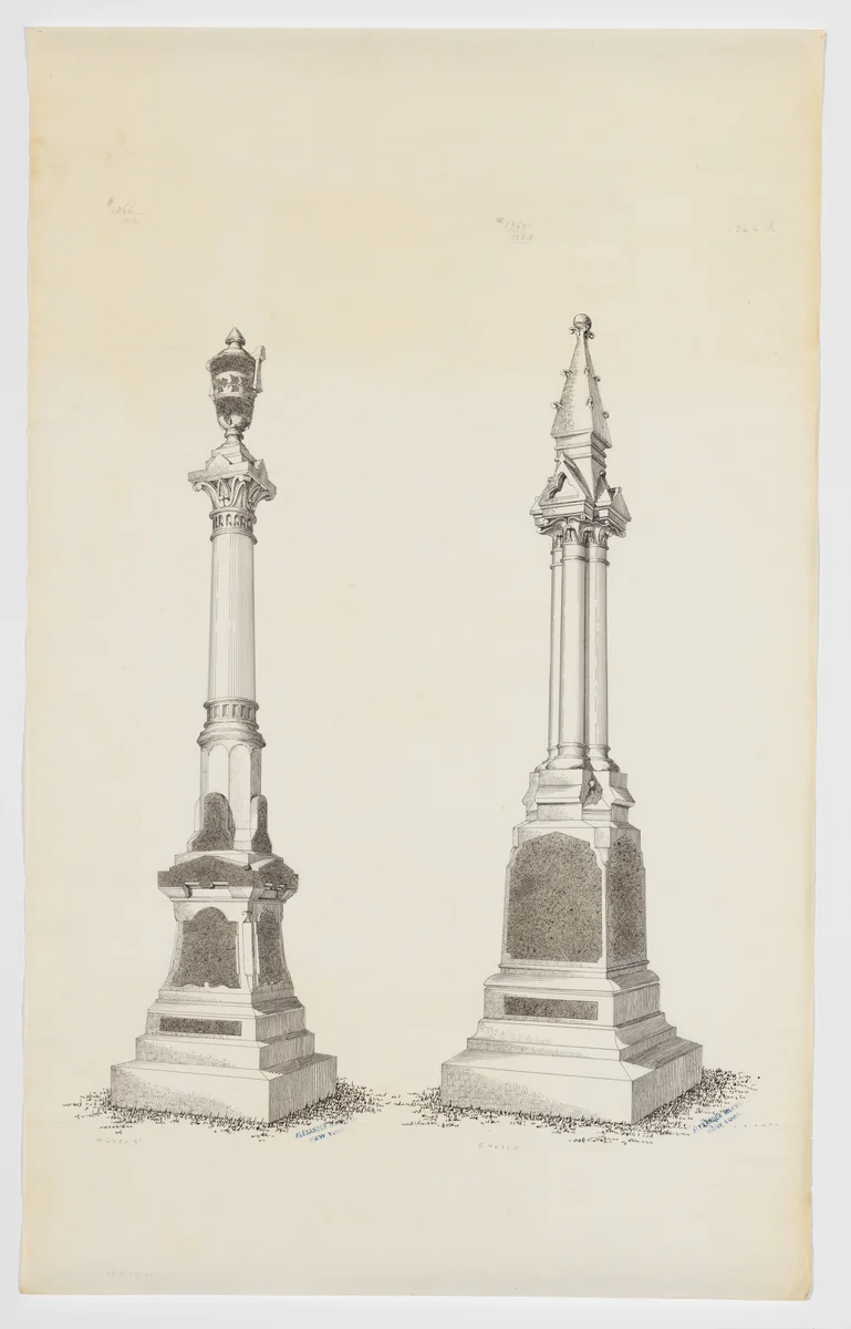 Two Grave Monument Designs, Topped with an Urn and a Gothic Pinnacle, Nos. 1366, 1365 by Alexander Maxwell, drawing, 1840-1880
