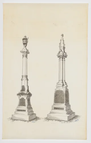Two Grave Monument Designs, Topped with an Urn and a Gothic Pinnacle, Nos. 1366, 1365 by Alexander Maxwell, drawing, 1840-1880