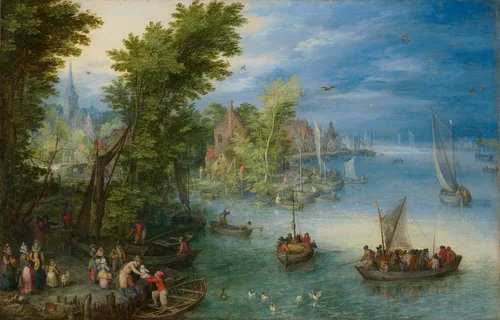 River Landscape by Jan Brueghel, painting, 1607