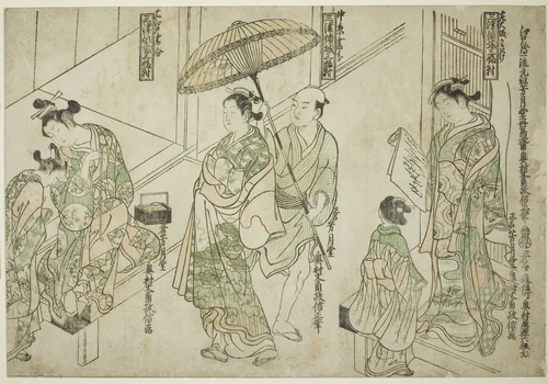 Courtesans Drawn in Osaka style (right), Kyoto style (center), and Edo style (left), from "Courtesans of the Three Capitals: A Set of Three (Sanga no tsu keisei sanpukutsui)" by Okumura Masanobu (奥村政信), print, 1743-1753