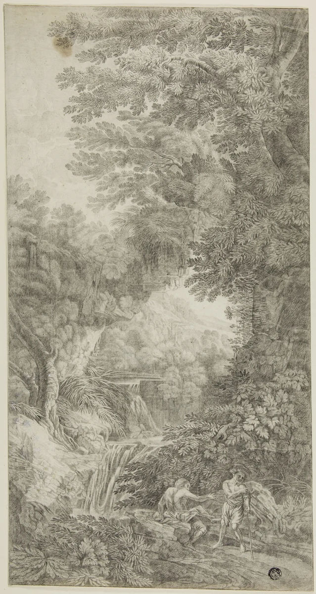 Forest Scene with Waterfall and Two Figures by Johann Samuel Bach, drawing, 1769-1778