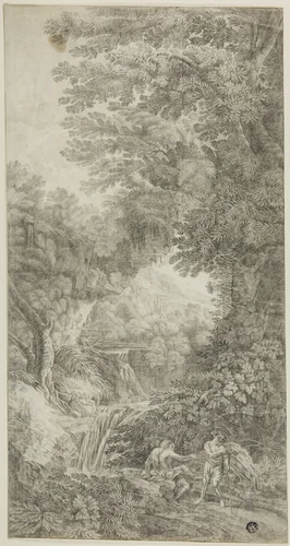 Forest Scene with Waterfall and Two Figures by Johann Samuel Bach, drawing, 1769-1778