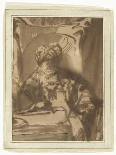 The Actor Willem Bartholsz Ruyter as King Ahasuerus on his Throne by Rembrandt van Rijn, drawing, 1635-1640