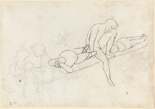 Seated Man Flanked by Two Reclining Figures; Huddle of Figures in Lower Left Corner by John Flaxman, drawing, 1790