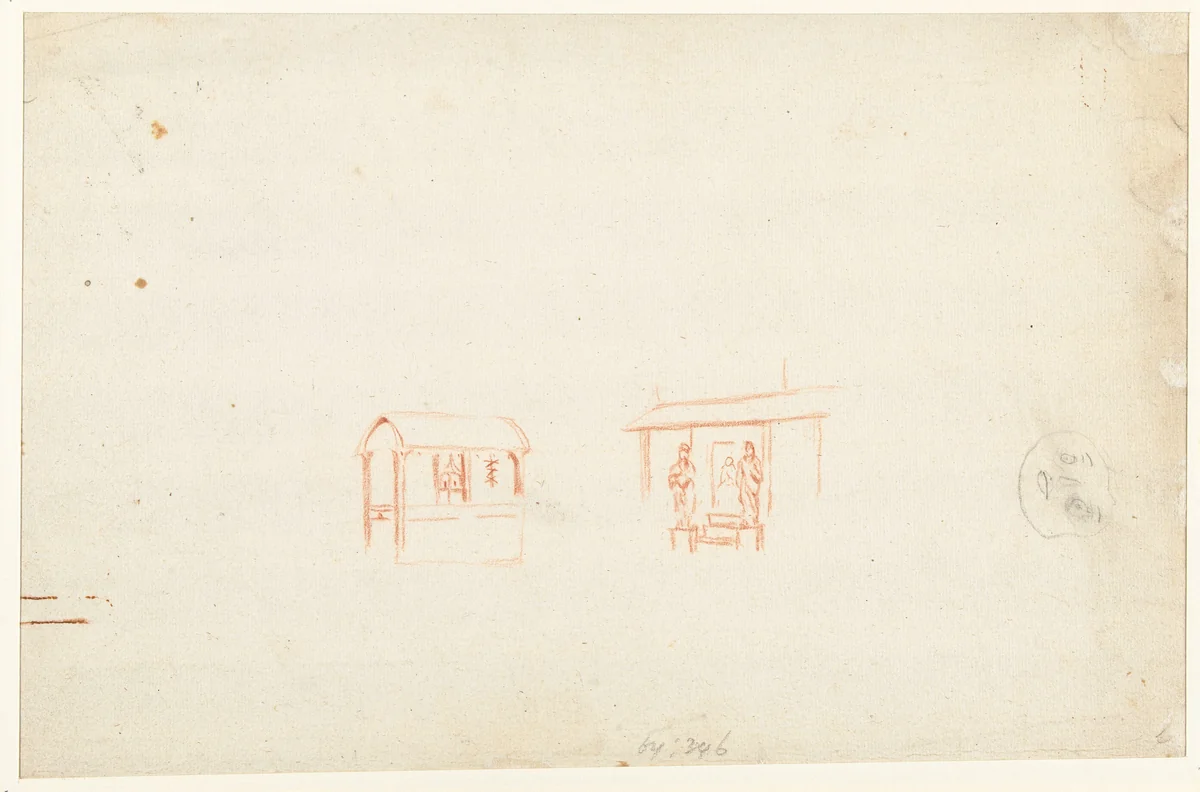 Schetsen van een overkapping, een ingang en een karikaturale kop by anonymous, drawing, 1700