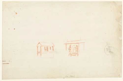 Schetsen van een overkapping, een ingang en een karikaturale kop by anonymous, drawing, 1700