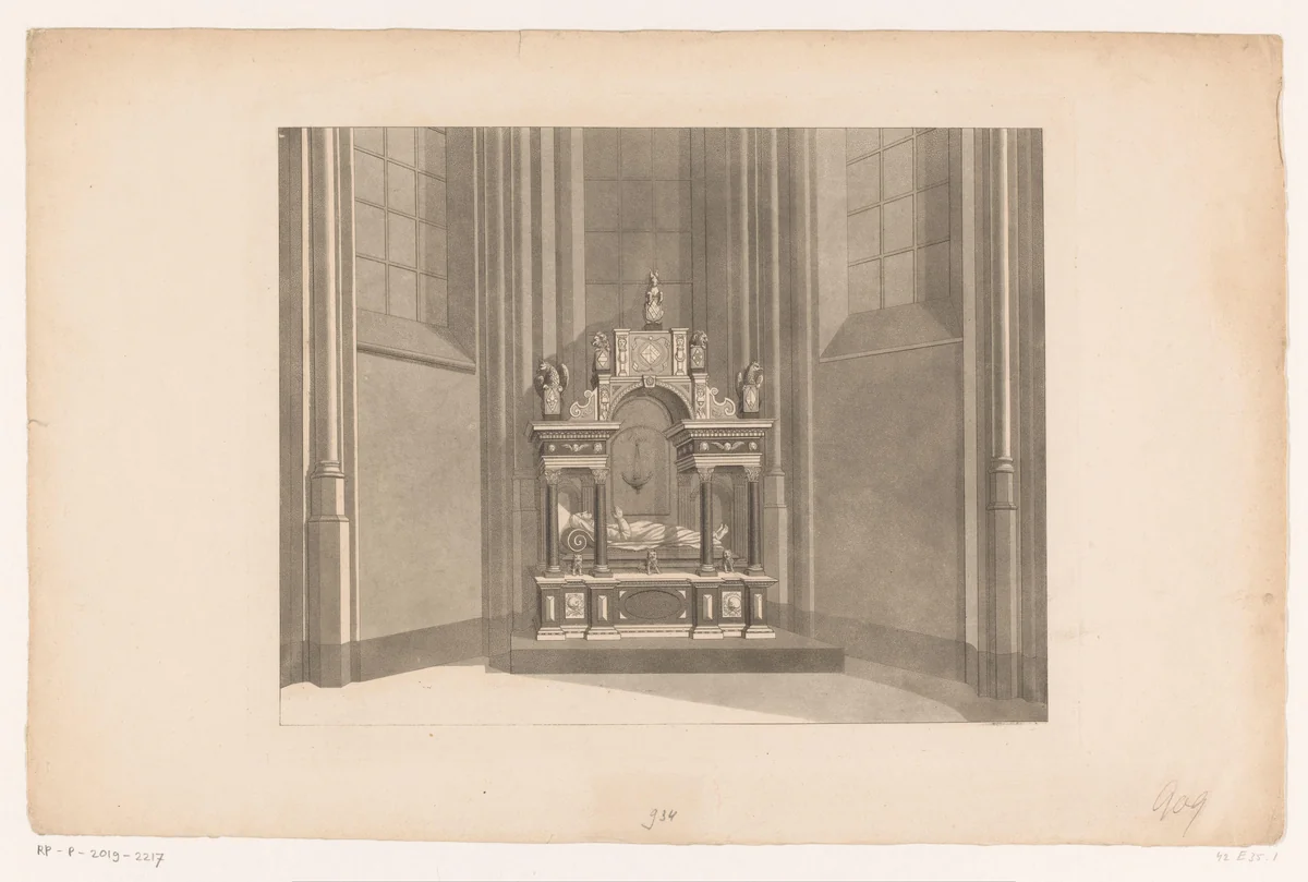 Kerkinterieur met gisant by anonymous, print, 1700-1799