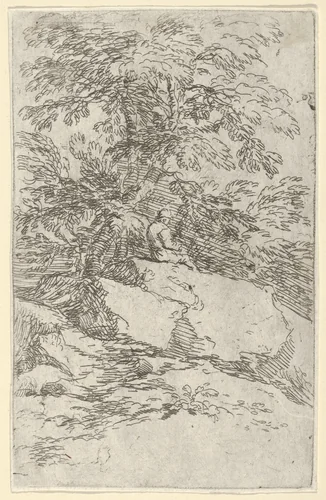 Landscape with a figure seated on a rock by Salvator Rosa, print, 1635-1645