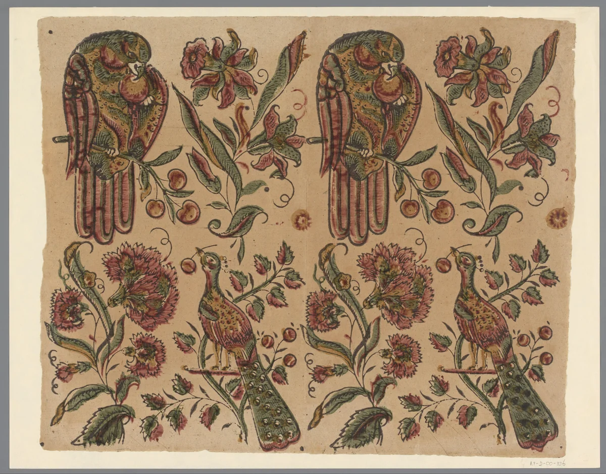 Blad met afwisselend een vogel (papegaai en een pauw) en een bloemmotief by anonymous, print, 1750-1799