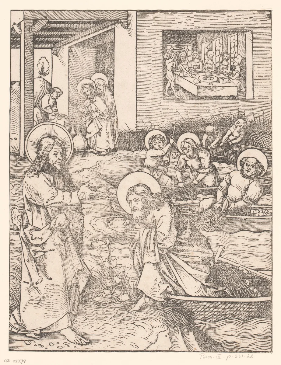 Christus roept Petrus en Andreas by anonymous, print, 1490-1526