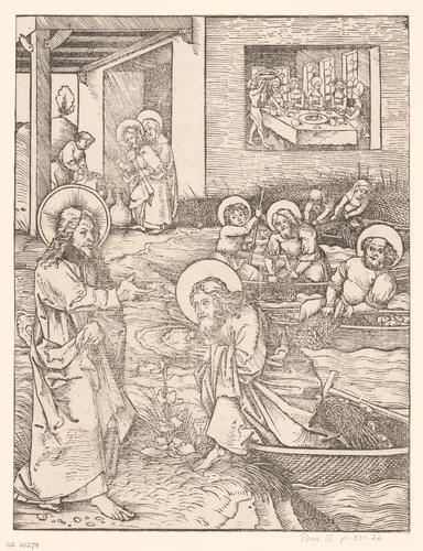 Christus roept Petrus en Andreas by anonymous, print, 1490-1526