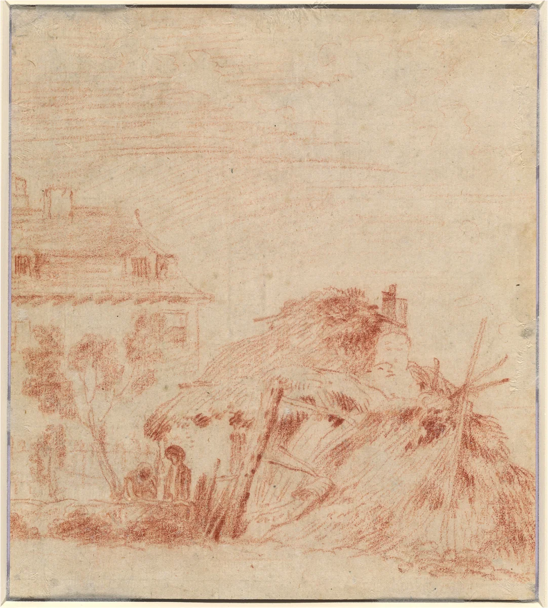 View of a House, a Cottage, and Two Figures [verso] by Antoine Watteau, drawing, 1718-1719