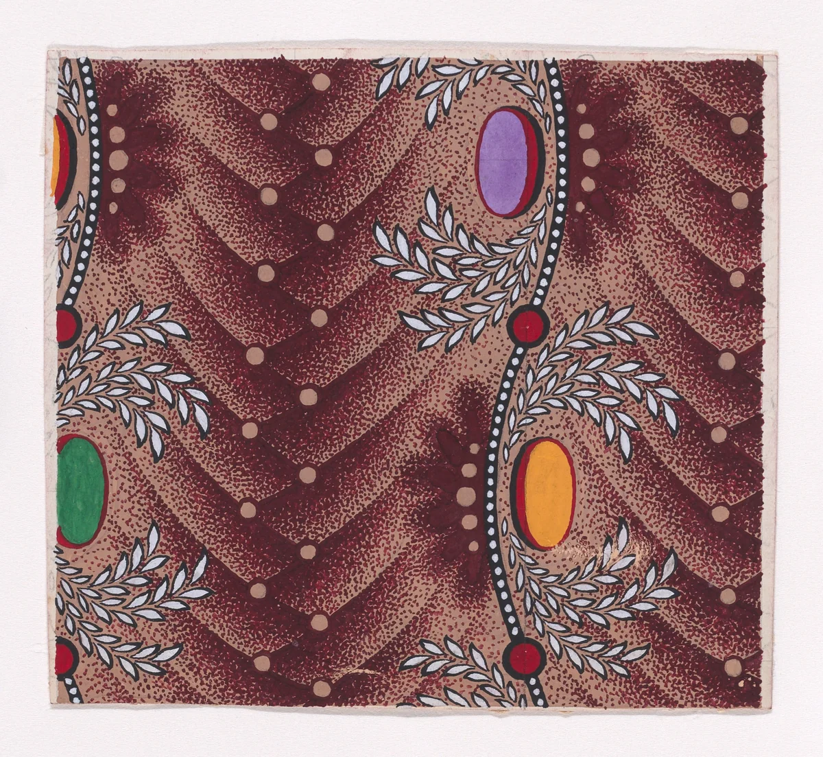 Textile Design with Alternating Vertical Stripes of Zig-Zagging Pearls Over Overlapping Scales and Ovals Framed By Crowns of Laurel Leaves Placed Alternately Along an Undulating Line Adorned with Pearls and Circles by anonymous, drawing, 1840