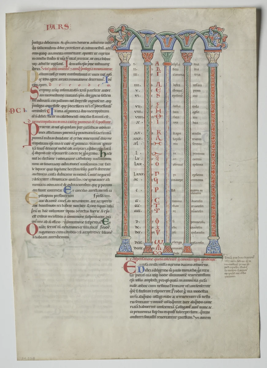 Single Leaf from a Decretum by Gratian: Quadruple Arcade with Concordance of Greek and Latin Alphabets by Unknown, manuscript, 1160-1165