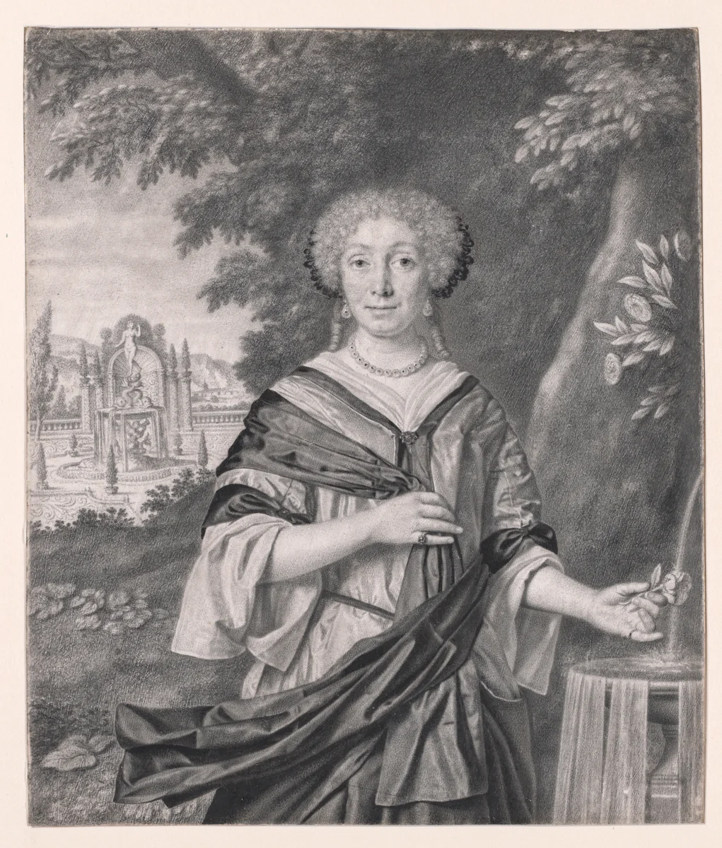 Portrait of a Woman near a Fountain, a Rose in Her Hand by Johan Thopas, drawing, 1680-1685