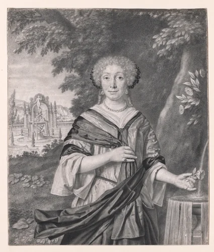 Portrait of a Woman near a Fountain, a Rose in Her Hand by Johan Thopas, drawing, 1680-1685