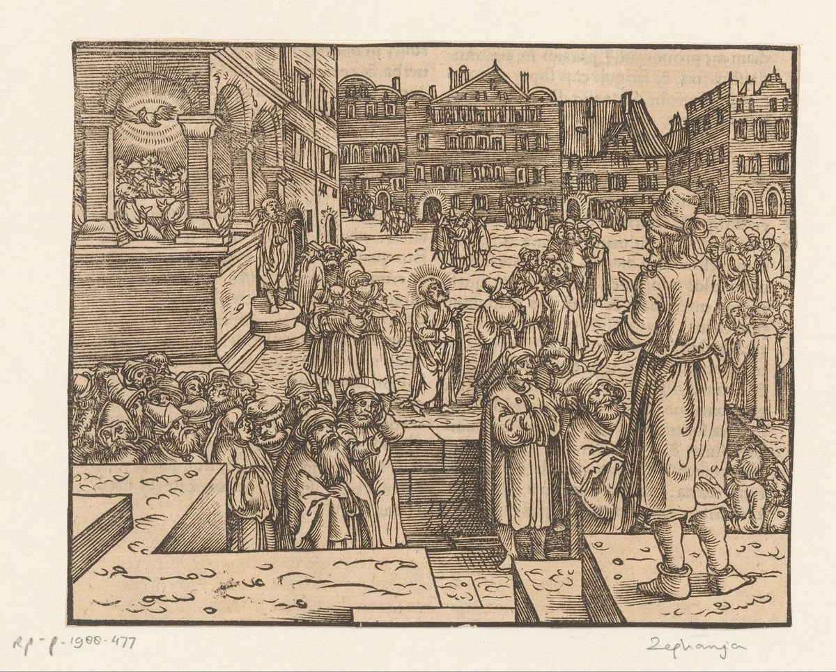 Profeet Joël predikend by anonymous, print, 1534-1600