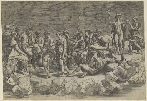 Verzameling der Goden op de Olympus by Giovanni Jacopo Caraglio, print, 1515-1565