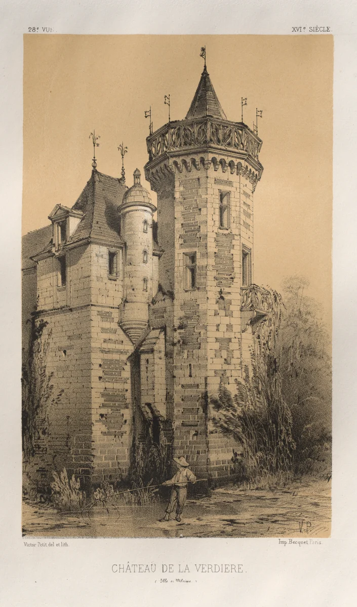 Architecture Pittoresque ou Monuments des xveme. Et xvieme. Siecles: Chateaux De France des XV et XVI Siecles: Pl. 28, Chateau De La Verdiere (Ille en Vilaine) by Victor Petit, print, 1860