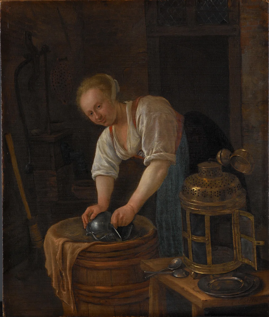 Woman scouring metalware by Jan Steen, painting, 1650-1660