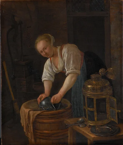 Woman scouring metalware by Jan Steen, painting, 1650-1660