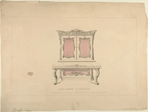 Design for Cabinet Pianoforte, Louis Quatorze Style by Robert William Hume, drawing, 1835-1900