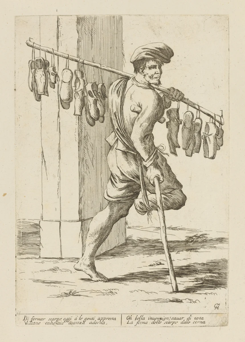 Vendor of Shoes, from Di Bologna l'Arti per via D'An.ibal' Ca.rac, plate 15 by Giuseppe Maria Mitelli, print, 1660