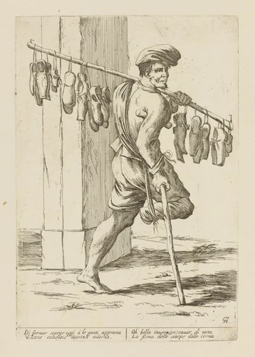 Vendor of Shoes, from Di Bologna l'Arti per via D'An.ibal' Ca.rac, plate 15 by Giuseppe Maria Mitelli, print, 1660