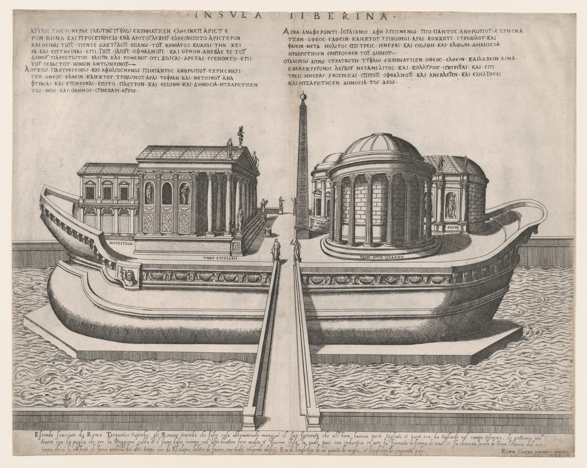 Temples on the Isle of Tiber, from "Speculum Romanae Magnificentiae" by Giovanni Ambrogio Brambilla, print, 1582