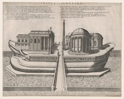 Temples on the Isle of Tiber, from "Speculum Romanae Magnificentiae" by Giovanni Ambrogio Brambilla, print, 1582
