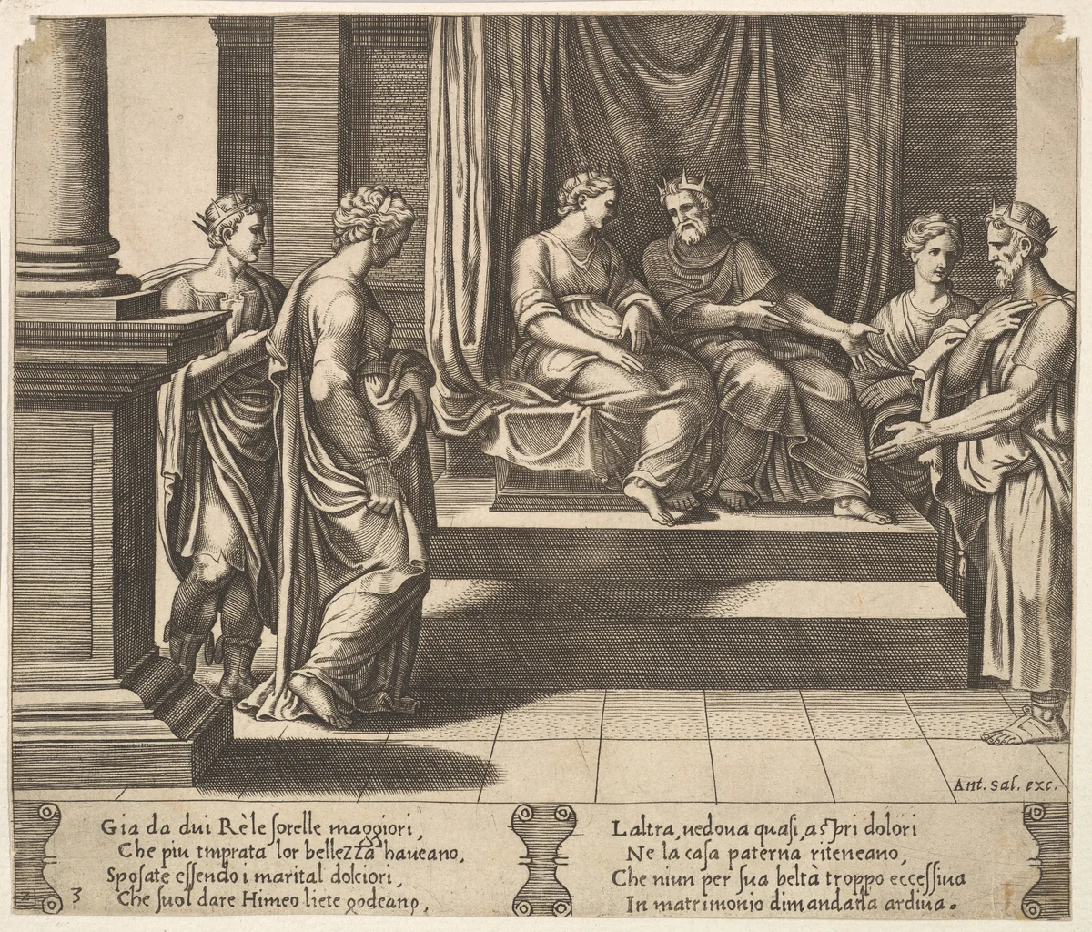 Plate 3: Psyche's two sisters are married to kings, from "The Fable of Psyche" by Master of the Die, print, 1530-1560