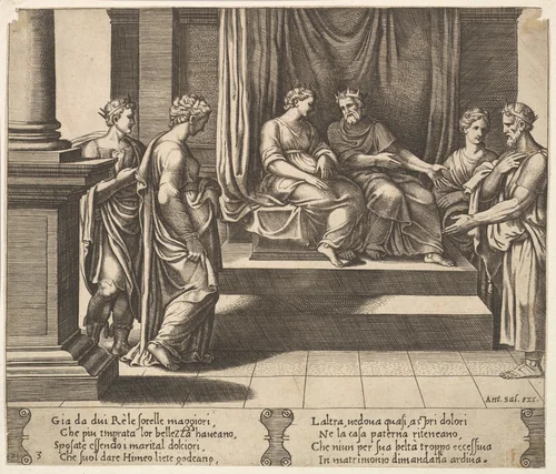 Plate 3: Psyche's two sisters are married to kings, from "The Fable of Psyche" by Master of the Die, print, 1530-1560