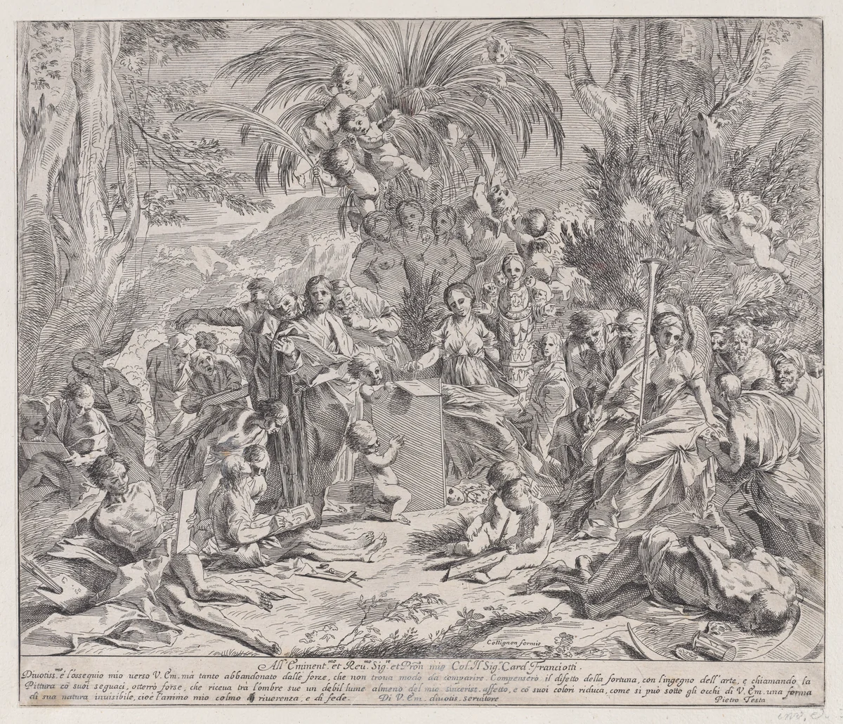 An allegory of painting, who as an child in the centre left draws on a tablet, surrounded by figures, many of whom are drawing by Pietro Testa, print, 1650-1700