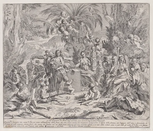 An allegory of painting, who as an child in the centre left draws on a tablet, surrounded by figures, many of whom are drawing by Pietro Testa, print, 1650-1700