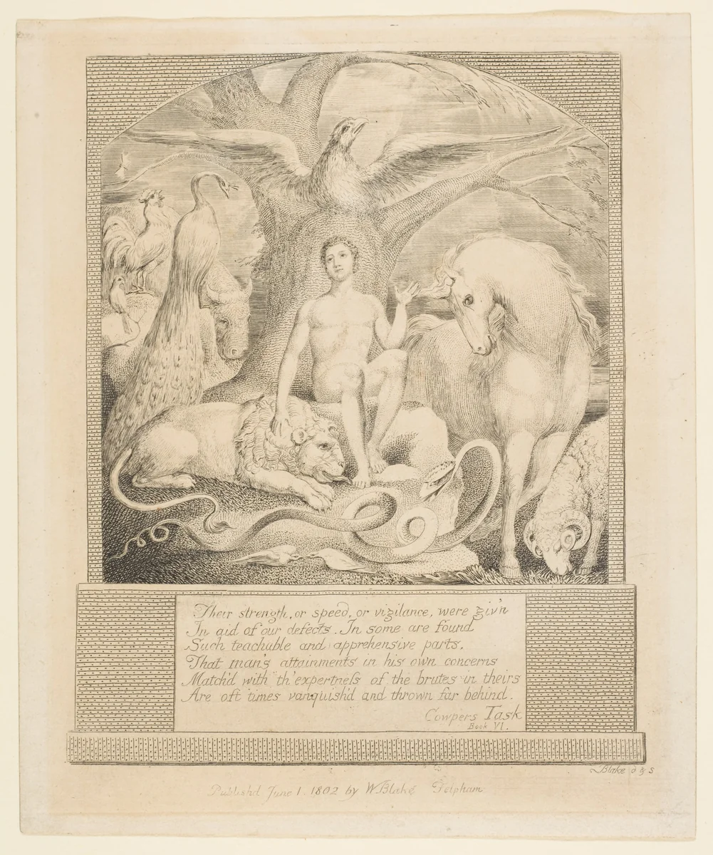 Adam and the Beasts, Frontispiece to Hayley's "Ballads" by William Blake, print, 1802