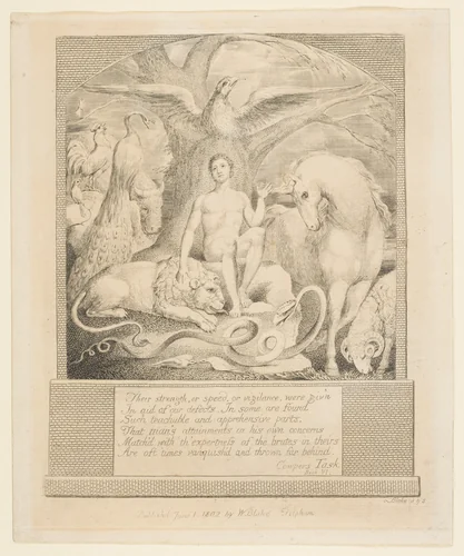 Adam and the Beasts, Frontispiece to Hayley's "Ballads" by William Blake, print, 1802