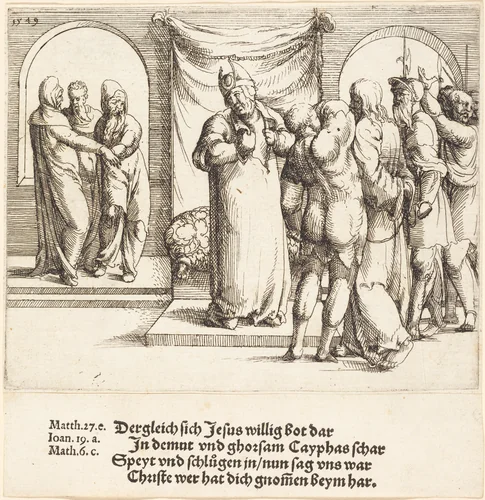 Christ is Mocked, and Caiaphas Rends His Garments by Augustin Hirschvogel, print, 1549