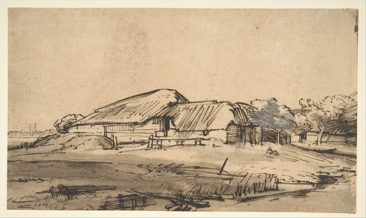 Group of Farm Buildings by Rembrandt van Rijn, drawing, 1643-1657