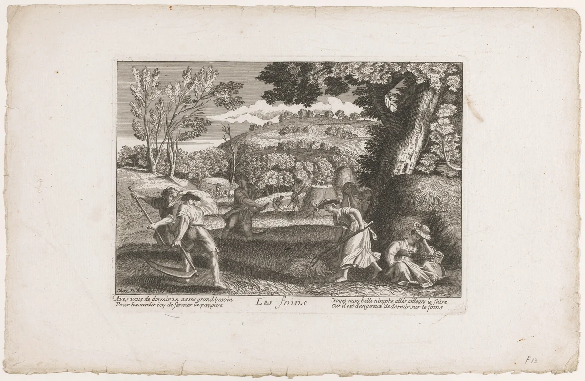Hooiende boeren by anonymous, print, 1698-1762