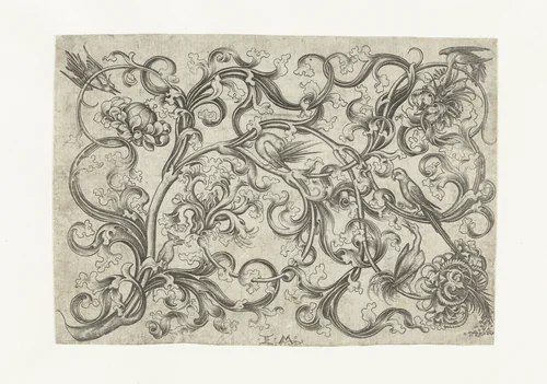 Ranken met papegaaien en andere vogels by Unknown, print, 1455-1503