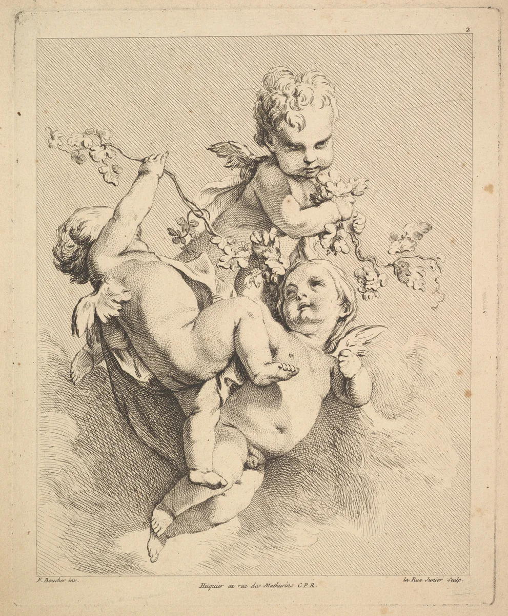 Three Cupids Playing with Vine Branches by Louis Félix de La Rue, print, 1731-1765