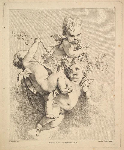 Three Cupids Playing with Vine Branches by Louis Félix de La Rue, print, 1731-1765