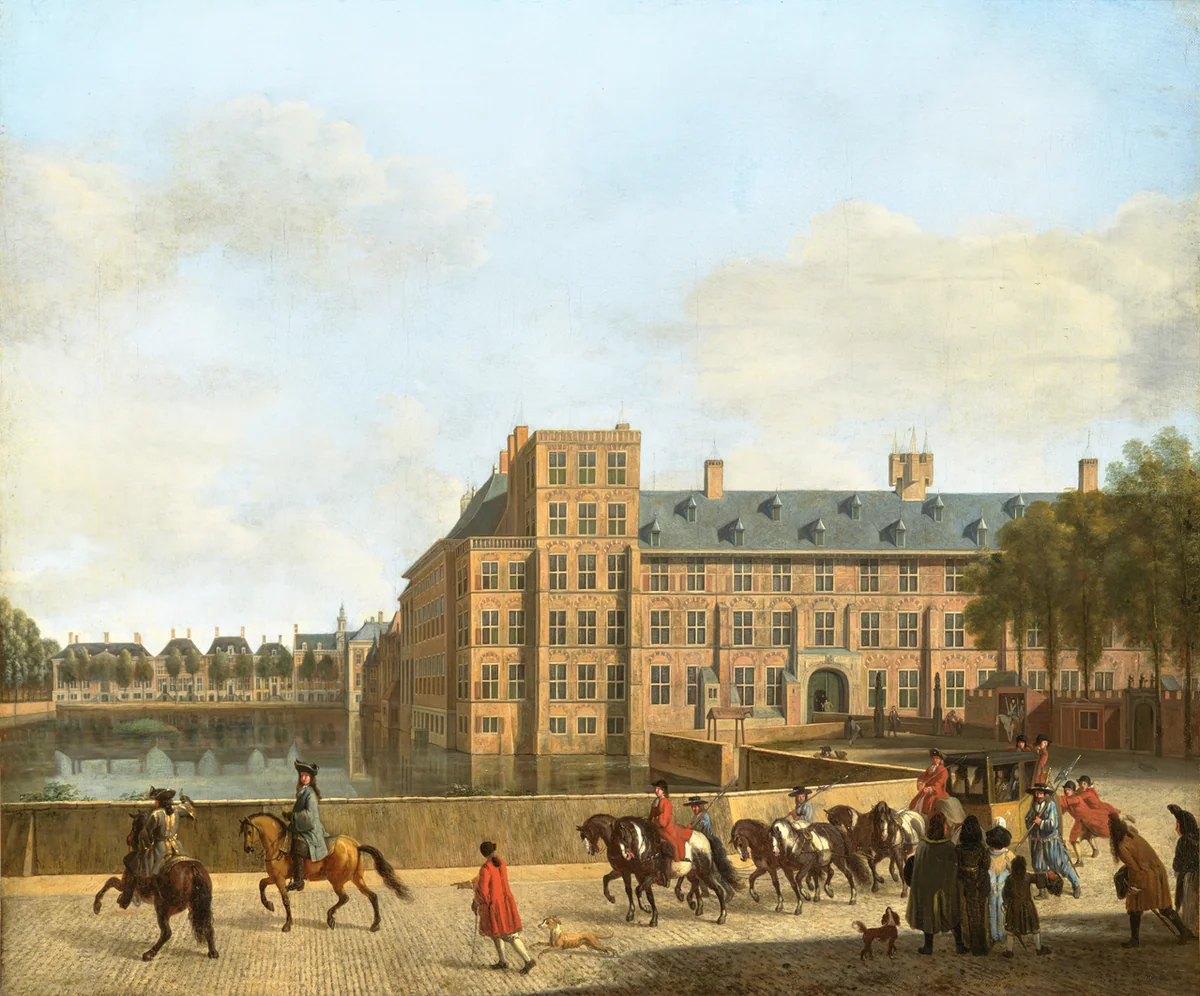 A Hunting Party near the Hofvijver in The Hague, Seen from the Buitenhof by Gerrit Adriaensz Berckheyde, painting, 1685