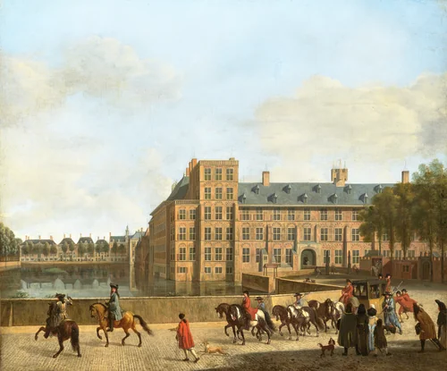 A Hunting Party near the Hofvijver in The Hague, Seen from the Buitenhof by Gerrit Adriaensz Berckheyde, painting, 1685