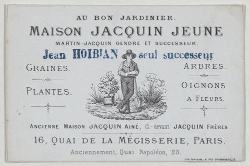 Trade card for Maison Jacquin Jeune, garden supplier, Paris by Maison Jacquin Jeune, print, 1845-1855