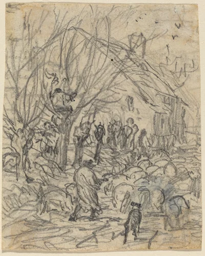 A Flock of Sheep before a Farmhouse by Théodore Rousseau, drawing, 1812-1867