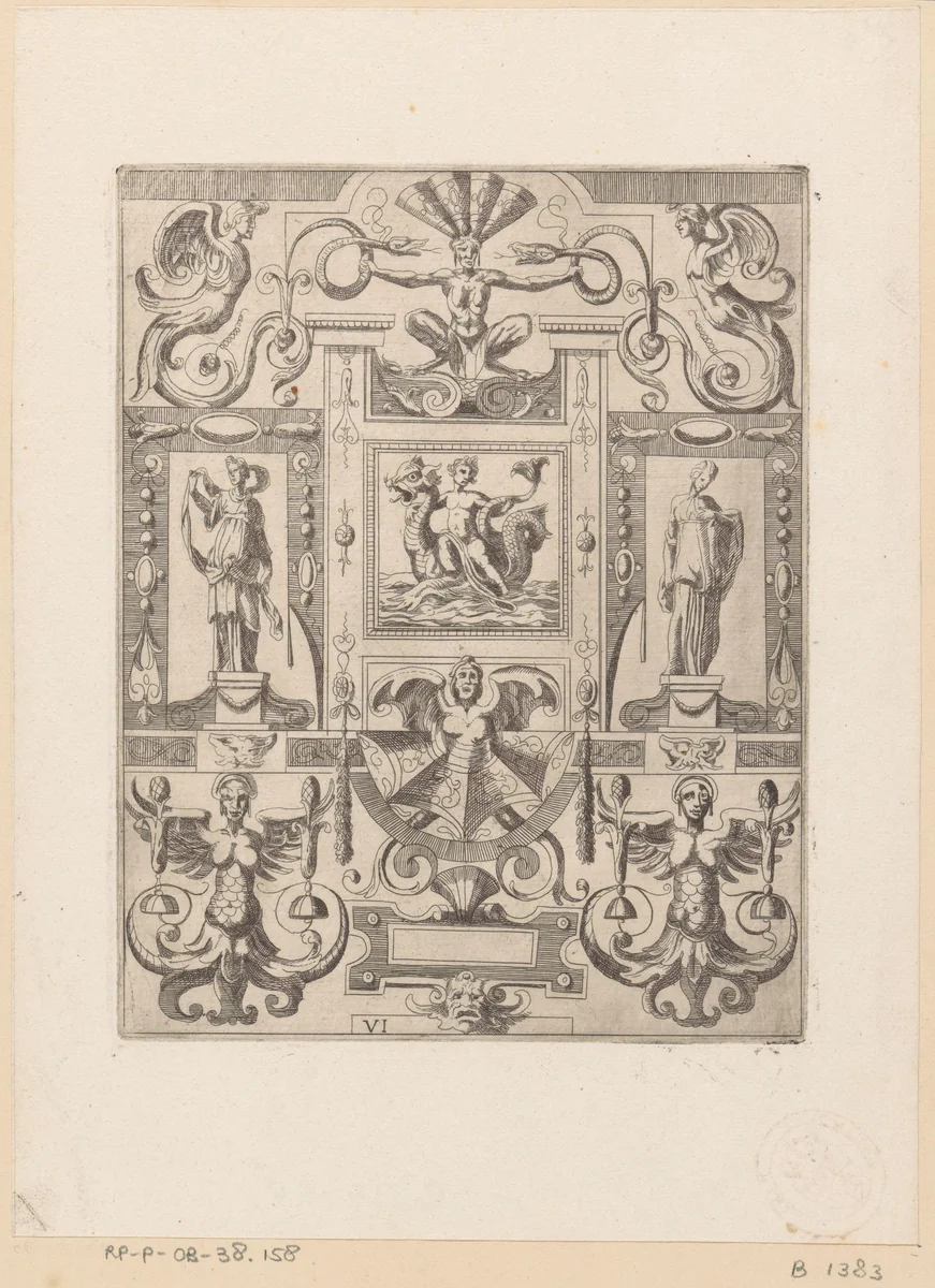 Grotesk ornament met een triton op een zeemonster in het midden by anonymous, print, 1624-1679