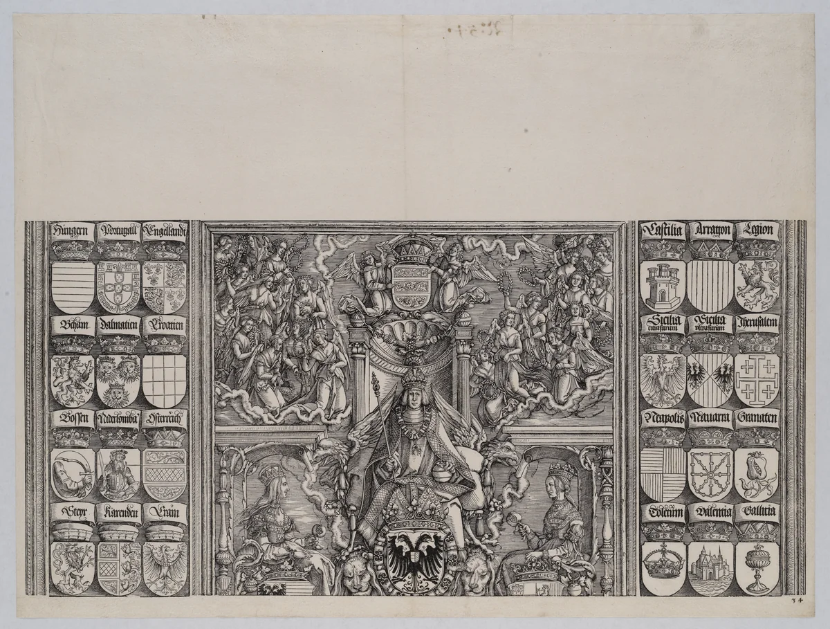 The Emperor Seated on His Throne, Seated Between Joanna of Castile and Mary of Burgundy, Above Are Twenty-two Winged Victories; with Coats of Arms of Maximilian's Noble Relatives, from the Arch of Honor, proof, dated 1515, printed 1517-18 by Hans Springinklee, print, 1515