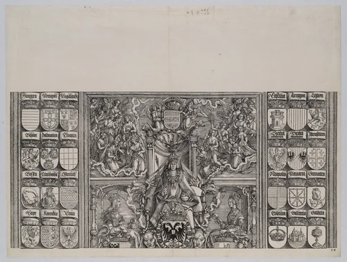 The Emperor Seated on His Throne, Seated Between Joanna of Castile and Mary of Burgundy, Above Are Twenty-two Winged Victories; with Coats of Arms of Maximilian's Noble Relatives, from the Arch of Honor, proof, dated 1515, printed 1517-18 by Hans Springinklee, print, 1515